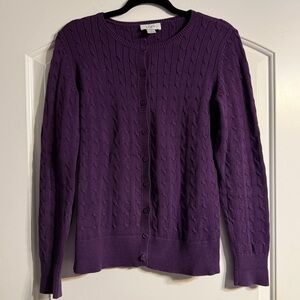 LOFT Cable Knit Cardigan Women Small Purple Preppy Cotton Button‎ Front Sweater